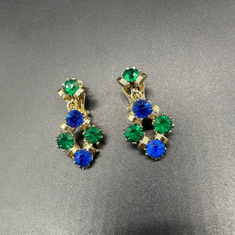 Vintage Clip On Earrings Gold Tone Green Blue Rhinestones Mid Century Jewelry